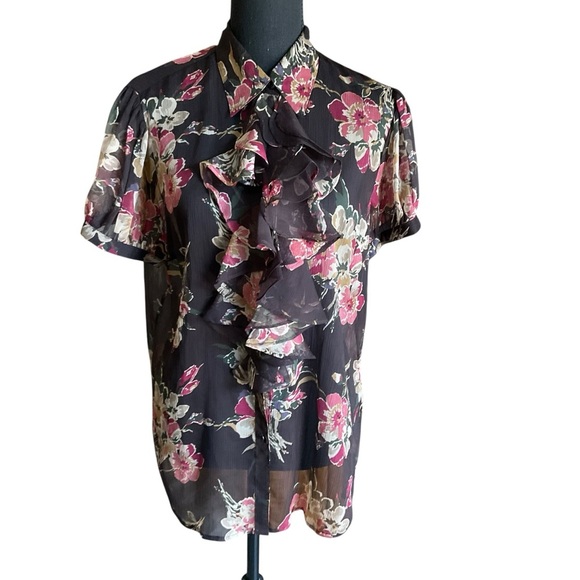Lauren Ralph Lauren Floral Ruffle Blouse Black Multicolor Size L - Picture 1 of 8